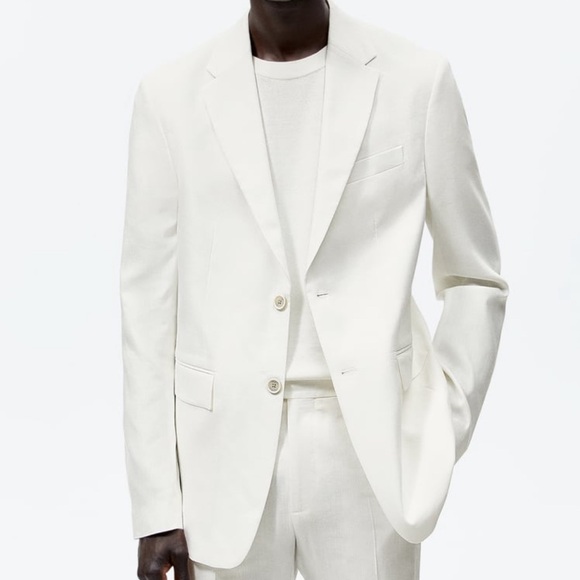 ZARA ANGOLA LINEN BLEND SUIT BLAZER OYSTER WHITE Size 46 new with tags
